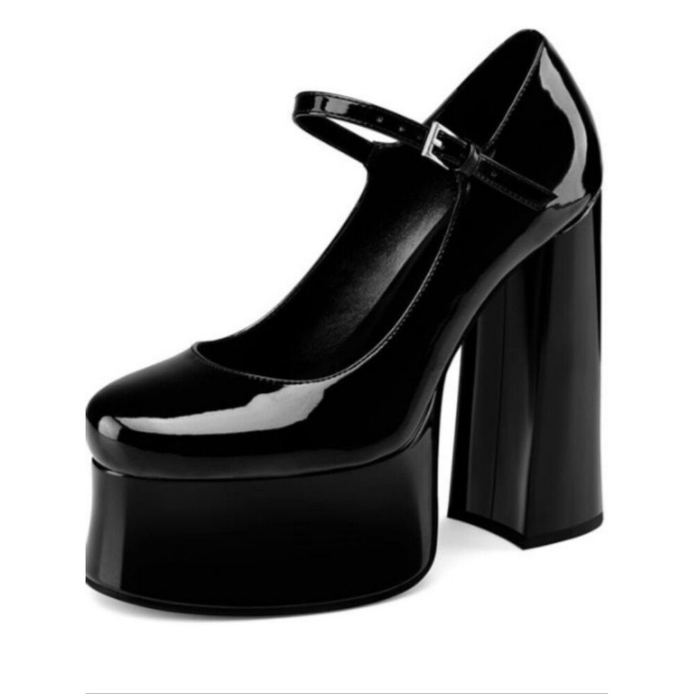 Mary Janes Platform Black Vegan Patent Leather Block Heel Round Toe 11
